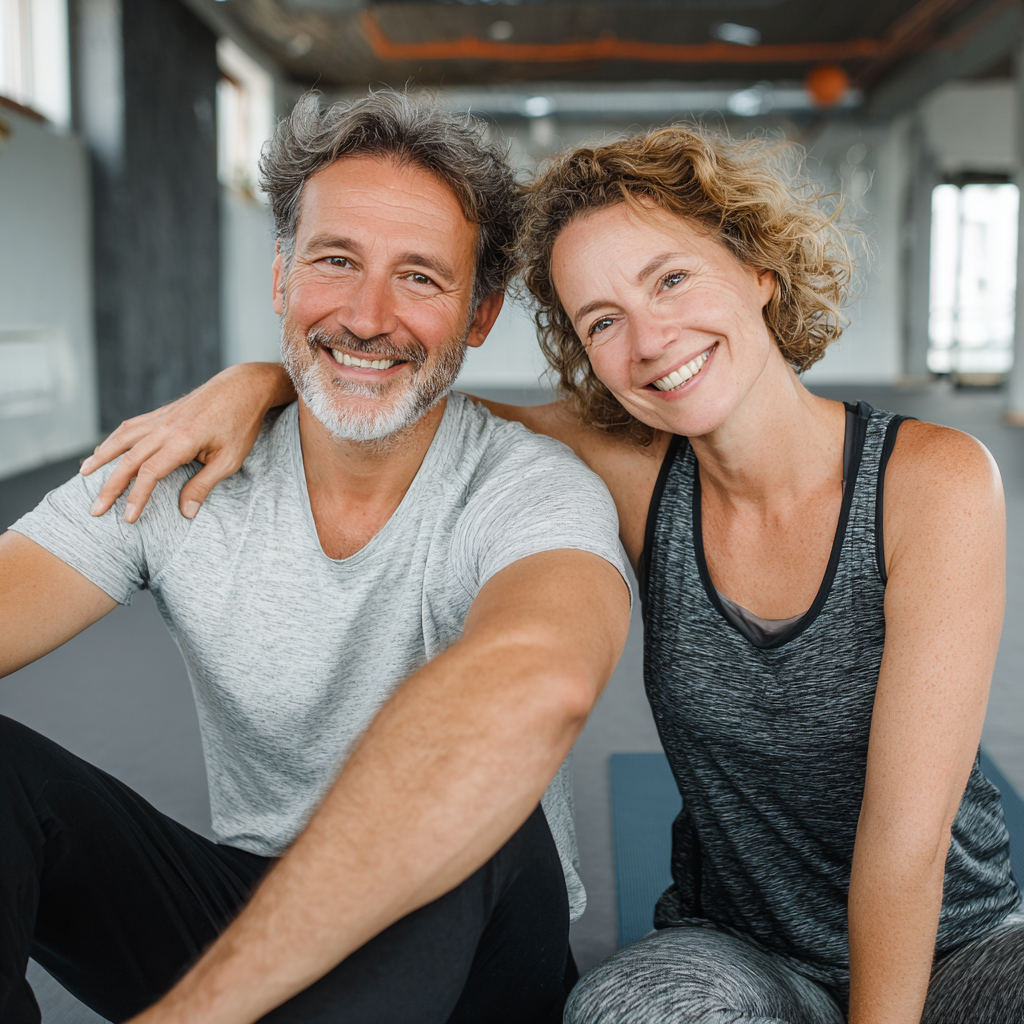 Smiling middle-aged Ukrainian woman in comfortable workout clothes holding a yoga mat in a bright modern fitness studio
