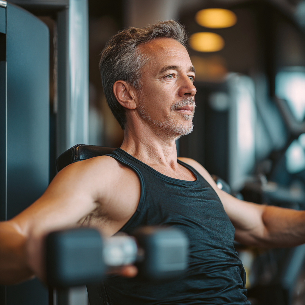 Elderly Ukrainian couple preparing healthy meal together in a bright kitchen, both wearing casual clothes and smiling while chopping vegetables